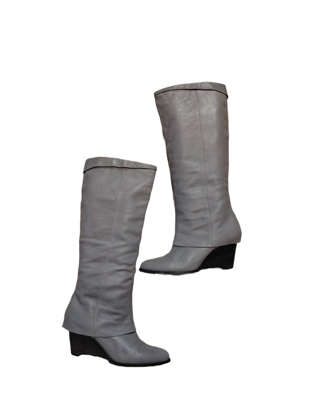 B. Makowski Gray Leather Knee High Boots Women's Size 10 Wedge Gaucho Boots